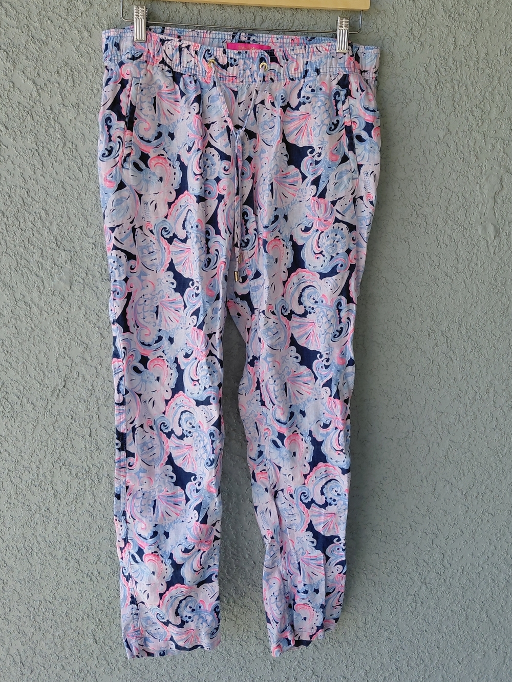 Lilly Pulitzer Linen  Beach Pants  Blue Pink Coastal Print Pull-On Casual Resort - Picture 11 of 12